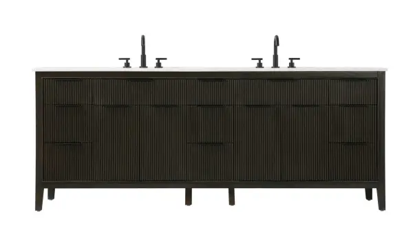 Specification Sheet
Dimensions
Length: 84"
Width: 22"
Height: 34"
Counter Top Length: 84"
Counter Top Width: 22"
Counter Top Height: 0.75"
Sink Width: 17.125"
Sink Depth: 11.625"
Sink Height: 7"
Sink Drain Hole Size: 1.75"
Faucet Hole Spacing: 8"3 Holes"
Specifications
Assembly Required: NO
Base Material: Solid wood and MDF
Counter Top Edge Style: straight
Counter Top Finish: Marble White
Distressed Finish: NO
Drain Assembly Included: NO
Faucet Included: NO
Faucet Type: Widespread
Finish (Color): Chocolate Oak
Vanity Material: Solid Wood and MDF
Hardware Finish: black
Harware Material: Aluminum alloy
Number of Faucet Holes: 6
Number of Sinks: 2
Product Shape: Rectangle
Product Type: Bathroom Vanities
Product Warranty: 1 year limited
Sink Mounting Type: Undermount
Vanity Backsplash: NO
Vanity Mounting Type: Free-Standing
Weight: 335
Wire Included: No
Wood Type: Rubberwood
Shipment type: LTL
Drawers
Drawers Included: yes
Number of Drawers: 11
False Drawers: NO
Drawer Width: dw1: 22.5
dw2: 11.125
dw3: 11.125
Drawer Depth: dw1: 3.625
dw2: 15.125
dw3: 15.125
Drawer Height: dw1: 6.125
dw2: 6.125
dw3: 9
Drawer Handle Designs: Finger pulls
Shelves
Number of Shelves: 2
Shelf Width: 22.5
Cabinets
Number of Cabinets: 2
Cabinet Interior Width: 22.5
Cabinet Interior Depth: 16.875
Cabinet Interior Height: 18.125