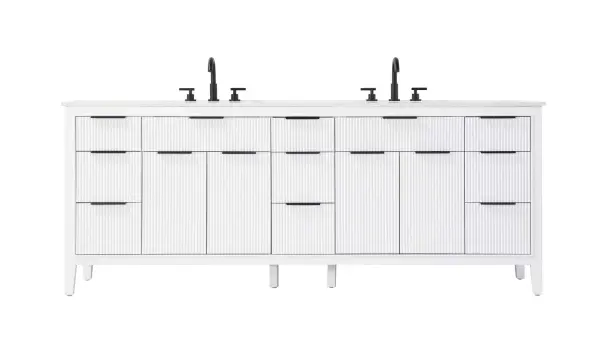 Specification Sheet
Dimensions
Length: 84"
Width: 22"
Height: 34"
Counter Top Length: 84"
Counter Top Width: 22"
Counter Top Height: 0.75"
Sink Width: 17.125"
Sink Depth: 11.625"
Sink Height: 7"
Sink Drain Hole Size: 1.75"
Faucet Hole Spacing: 8"3 Holes"
Specifications
Assembly Required: NO
Base Material: Solid wood and MDF
Counter Top Edge Style: straight
Counter Top Finish: Marble White
Distressed Finish: NO
Drain Assembly Included: NO
Faucet Included: NO
Faucet Type: Widespread
Finish (Color): White
Vanity Material: Solid Wood and MDF
Hardware Finish: black
Harware Material: Aluminum alloy
Number of Faucet Holes: 6
Number of Sinks: 2
Product Shape: Rectangle
Product Type: Bathroom Vanities
Product Warranty: 1 year limited
Sink Mounting Type: Undermount
Vanity Backsplash: NO
Vanity Mounting Type: Free-Standing
Weight: 335
Wire Included: No
Wood Type: Rubberwood
Shipment type: LTL
Drawers
Drawers Included: yes
Number of Drawers: 11
False Drawers: NO
Drawer Width: dw1: 22.5
dw2: 11.125
dw3: 11.125
Drawer Depth: dw1: 3.625
dw2: 15.125
dw3: 15.125
Drawer Height: dw1: 6.125
dw2: 6.125
dw3: 9
Drawer Handle Designs: Finger pulls
Shelves
Number of Shelves: 2
Shelf Width: 22.5
Cabinets
Number of Cabinets: 2
Cabinet Interior Width: 22.5
Cabinet Interior Depth: 16.875
Cabinet Interior Height: 18.125