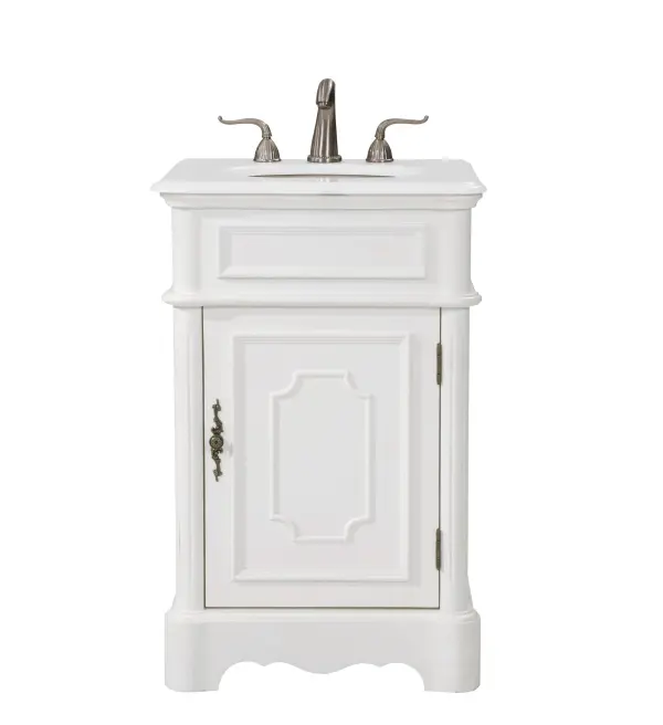 Dimensions
Length: 21"
Width: 19"
Height: 33"
Counter Top Length: 21"
Counter Top Width: 19"
Counter Top Height: 0.75"
Sink Width: 13.6"
Sink Depth: 11"
Sink Height: 7"
Sink Drain Hole Size: 1.75"
Faucet Hole Spacing: 8"3 Holes"
Specifications
Assembly Required: no
Base Material: Solid wood and MDF
Counter Top Edge Style: Ogee
Counter Top Finish: Ivory white
Distressed Finish: Yes
Finish (Color): Antique White
Fixture Material: Solid Wood and MDF
Hardware Finish: Antique bronze
Harware Material: Aluminum alloy
Number of Faucet Holes: 3
Number of Sinks: 1
Product Shape: Rectangle
Product Type: Bathroom Vanities
Product Warranty: 1 year limited
Sink Mounting Type: Undermount
Vanity Backsplash: NO
Vanity Mounting Type: Free-Standing
Weight: 71.5
Wire Included: No
Wood Type: Rubberwood
Shipment type: Oversized Ground
US Shipping Cost: $122.00
Drawers
Drawers Included: no
Shelves
Number of Shelves: 1
Shelf Width: 17.75
Cabinets
Number of Cabinets: 1
Cabinet Interior Width: 14.87
Cabinet Interior Depth: 16.625
Cabinet Interior Height: 19.625