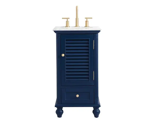 A small space doesn't mean you have to settle for less. The Rhodes collection compact vanity will add lovely sophistication and complement any small bathroom or powder room, while utilizing its charm and function to provide you with ample storage spaces. Metal round knobs gently adorn the shuttered cabinet door and drawer at the base, allowing for you to store away your bathroom essentials. The Carrara white marble countertop, porcelain undermount sink, dignified subtle engravings on the side edges, and rounded legs all come together to create contemporary beauty. Work with your space, and design a beautiful room, no matter the size. Collection: Rhodes Rooms: bathroom Finish: Blue Width: 19.00" Height: 35.00" Length: 19.00" Weight: 59.00 lb Material: Solid wood and MDF Country of Origin: Vietnam Manufacturer Warranty: 1 year limited Spec Sheet