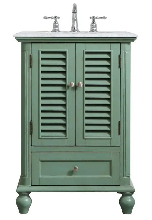A small space doesn't mean you have to settle for less. The Rhodes collection compact vanity in a vintage mint finish will add a lovely splash of color and complement any small bathroom or powder room, while utilizing its charm and function to provide you with ample storage spaces. Brushed nickel knobs gently adorn the shuttered cabinet doors and drawer at the base, allowing for you to store away your bathroom essentials. The Carrara white marble countertop, porcelain undermount sink, dignified subtle engravings on the side edges, and rounded legs all come together to create contemporary beauty. Work with your space, and design a beautiful room, no matter the size. Collection: Rhodes Rooms: bathroom Finish: vintage mint Width: 22.00" Height: 35.00" Length: 24.00" Weight: 99.00 lb Material: solid wood and mdf Country of Origin: Vietnam Manufacturer Warranty: 1 year limited Spec Sheet
