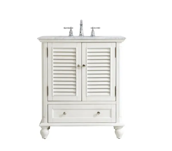 Never compromise beauty--the Rhodes collection stunning vanity in an antique white finish will add lovely sophistication and complement any bathroom or powder room, while utilizing its charm and function to provide you with ample storage spaces. Brushed nickel knobs gently adorn the shuttered cabinet doors and drawer at the base, allowing for you to store away your bathroom essentials. The Carrara white marble countertop, porcelain undermount sink, dignified subtle engravings on the side edges, and rounded legs all come together to create contemporary beauty. Work with your space, and design a beautiful room, no matter the size. Collection: Rhodes Rooms: bathroom Finish: antique white Width: 22.00" Height: 35.00" Length: 30.00" Weight: 117.00 lb Material: solid wood and mdf Country of Origin: Vietnam Manufacturer Warranty: 1 year limited Spec Sheet