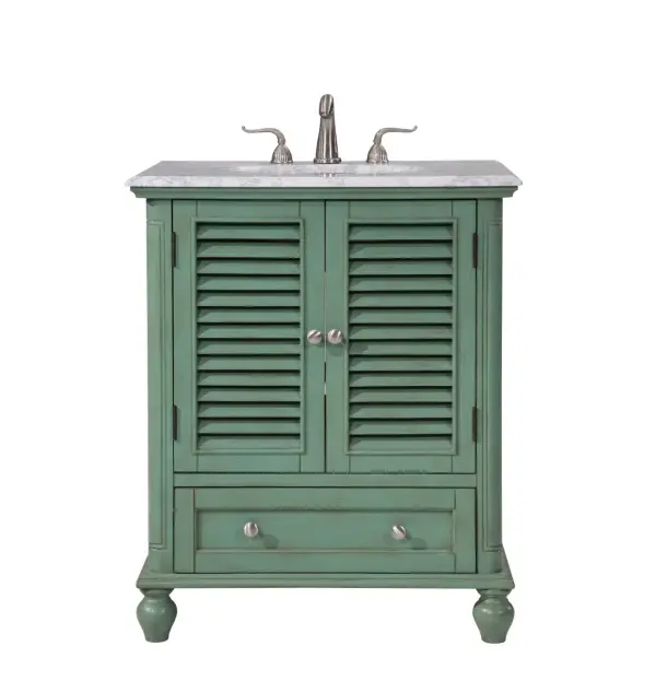 Enhance your guest or office bathroom with this rustic teal green vanity from our Rhodes collection. Featuring Italian Carrera white marble top with white under mount oval porcelain sink, on top of a plantation style cabinet with a pair of wooden shutter doors and a drawer underneath, provides plenty of storage space for your bathroom essentials, this vanity combines old world charm and functionality. FEATURES: Rhodes collection Measurements:W30xD22xH36" Authentic Italian carrera white marble counter Cabinet finish: antique teal green Under mount oval porcelain sink Made in solid wood and engineer wood Number of doors: 2 Number of drawers: 1 Full extension metal drawer glides Hardware finish: brushed steel inside and back finish: green Free standing accommodates 1 sink Pre-drill faucet holes, 8" spread. PRODUCT DETAILS: Top materials: marble Sink included: yes Faucet included: no Installation required: no Assembly required: no Base materials: wood Mounting: free standing Doors included: yes Shelf: 1. Collection: Rhodes Finish: Vintage Mint Width: 22.00" Height: 36.00" Length: 30.00" Weight: 116.00 lb Material: Solid wood and MDF Country of Origin: Vietnam Manufacturer Warranty: 1 year limited Spec Sheet