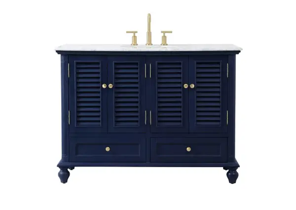 The Rhodes collection compact vanity will add lovely sophistication and complement any small bathroom or powder room, while utilizing its charm and function to provide you with ample storage spaces. Metal round knobs gently adorn the shuttered cabinet door and drawer at the base, allowing for you to store away your bathroom essentials. The Carrara white marble countertop, porcelain undermount sink, dignified subtle engravings on the side edges, and rounded legs all come together to create contemporary beauty. Work with your space, and design a beautiful room, no matter the size. Collection: Rhodes Rooms: bathroom Finish: Blue Width: 22.00" Height: 35.00" Length: 48.00" Weight: 172.00 lb Material: Solid wood and MDF Country of Origin: Vietnam Manufacturer Warranty: 1 year limited Spec Sheet