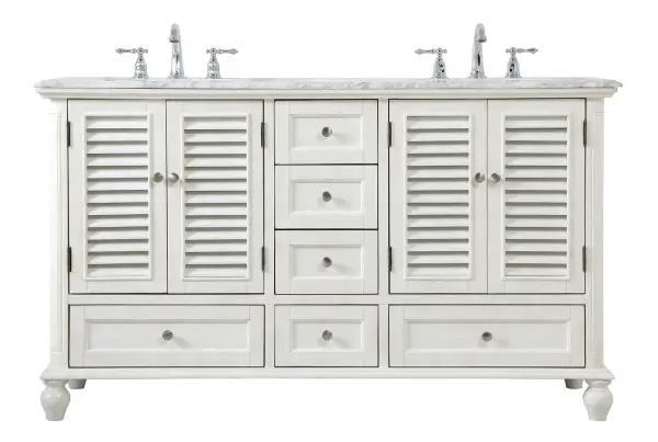 Never compromise beauty--the Rhodes collection stunning vanity in an antique white finish will add lovely sophistication and complement any bathroom or powder room, while utilizing its charm and function to provide you with ample storage spaces. Brushed nickel knobs gently adorn the four shuttered cabinet doors, two ample sized drawers at the base, and four center drawers allowing for you to store away all your bathroom essentials. The Carrara white marble countertop, porcelain undermount sink, dignified subtle engravings on the side edges, and rounded legs all come together to create contemporary beauty. The two porcelain sinks will allow for two people to get ready concurrently without getting in the way of another. Work with your space, and design a beautiful room, no matter the size. Collection: Rhodes Rooms: bathroom Finish: antique white Width: 22.00" Height: 35.00" Length: 60.00" Weight: 242.00 lb Material: solid wood and mdf Country of Origin: Vietnam Manufacturer Warranty: 1 year limited Spec Sheet