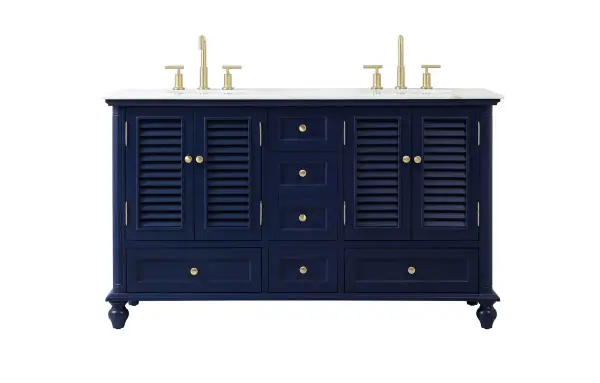 The Rhodes collection compact vanity will add lovely sophistication and complement any small bathroom or powder room, while utilizing its charm and function to provide you with ample storage spaces. Metal round knobs gently adorn the shuttered cabinet door and drawer at the base, allowing for you to store away your bathroom essentials. The Carrara white marble countertop, porcelain undermount sink, dignified subtle engravings on the side edges, and rounded legs all come together to create contemporary beauty. Work with your space, and design a beautiful room, no matter the size. Collection: Rhodes Rooms: bathroom Finish: Blue Width: 22.00" Height: 35.00" Length: 60.00" Weight: 189.00 lb Material: Solid wood and MDF Country of Origin: Vietnam Manufacturer Warranty: 1 year limited Spec Sheet