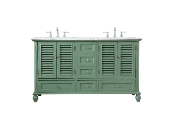 Never compromise beauty--the Rhodes collection stunning vanity in a vintage mint finish will add a lovely splash of color and complement any bathroom or powder room, while utilizing its charm and function to provide you with ample storage spaces. Brushed nickel knobs gently adorn the four shuttered cabinet doors, two ample sized drawers at the base, and four center drawers allowing for you to store away all your bathroom essentials. The Carrara white marble countertop, porcelain undermount sinks, dignified subtle engravings on the side edges, and rounded legs all come together to create contemporary beauty. The two porcelain sinks will allow for two people to get ready concurrently without getting in the way of another. Work with your space, and design a beautiful room, no matter the size. Collection: Rhodes Rooms: bathroom Finish: vintage mint Width: 22.00" Height: 35.00" Length: 60.00" Weight: 242.00 lb Material: solid wood and mdf Country of Origin: Vietnam Manufacturer Warranty: 1 year limited Spec Sheet