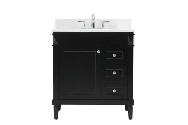 This transitional vanity is a beautiful piece of bathroom furniture will look amazing in your design scheme. The cabinet features a shaker style smooth door panel with simple round knobs and soft close hinges provide ample room for accessories. Packed with multiple side drawers with soft close glides for added comfort and full access to bath supplies. Convenient deep drawer stores all of your tall bath essentials. Constructed of engineered wood and solid wood legs with hand painted finish. The durable engineered marble countertop is a versatile material in an ivory white finish. Minor assembly of the legs needed to get this vanity up and running. Comes with a matching backsplash to complete the look and protects your wall. Collection: Bennett Rooms: bathroom Finish: black Width: 21.00" Height: 35.00" Length: 32.00" Weight: 139.00 lb Material: Solid wood and MDF Country of Origin: Vietnam Manufacturer Warranty: 1 year limited