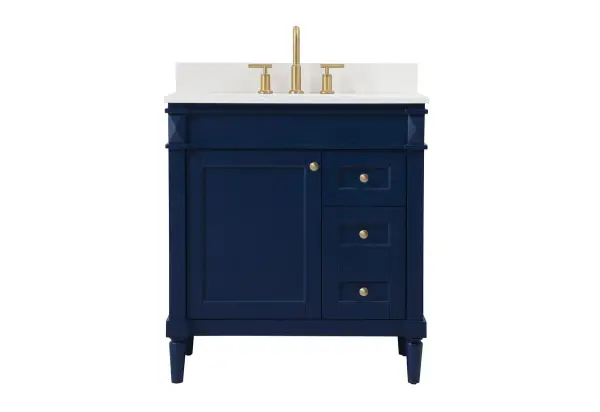 This transitional vanity is a beautiful piece of bathroom furniture will look amazing in your design scheme. The cabinet features a shaker style smooth door panel with simple round knobs and soft close hinges provide ample room for accessories. Packed with multiple side drawers with soft close glides for added comfort and full access to bath supplies. Convenient deep drawer stores all of your tall bath essentials. Constructed of engineered wood and solid wood legs with hand painted finish. The durable engineered marble countertop is a versatile material in an ivory white finish. Minor assembly of the legs needed to get this vanity up and running. Comes with a matching backsplash to complete the look and protects your wall. Collection: Bennett Rooms: bathroom Finish: blue Width: 21.00" Height: 35.00" Length: 32.00" Weight: 139.00 lb Material: Solid wood and MDF Country of Origin: Vietnam Manufacturer Warranty: 1 year limited