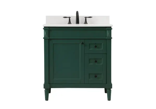 This transitional vanity is a beautiful piece of bathroom furniture will look amazing in your design scheme. The cabinet features a shaker style smooth door panel with simple round knobs and soft close hinges provide ample room for accessories. Packed with multiple side drawers with soft close glides for added comfort and full access to bath supplies. Convenient deep drawer stores all of your tall bath essentials. Constructed of engineered wood and solid wood legs with hand painted finish. The durable engineered marble countertop is a versatile material in an ivory white finish. Minor assembly of the legs needed to get this vanity up and running. Comes with a matching backsplash to complete the look and protects your wall. Collection: Bennett Rooms: bathroom Finish: green Width: 21.00" Height: 35.00" Length: 32.00" Weight: 139.00 lb Material: Solid wood and MDF Country of Origin: Vietnam Manufacturer Warranty: 1 year limited