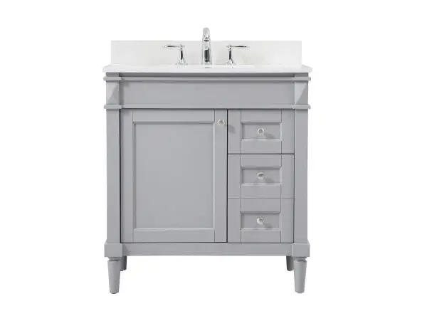 This transitional vanity is a beautiful piece of bathroom furniture will look amazing in your design scheme. The cabinet features a shaker style smooth door panel with simple round knobs and soft close hinges provide ample room for accessories. Packed with multiple side drawers with soft close glides for added comfort and full access to bath supplies. Convenient deep drawer stores all of your tall bath essentials. Constructed of engineered wood and solid wood legs with hand painted finish. The durable engineered marble countertop is a versatile material in an ivory white finish. Minor assembly of the legs needed to get this vanity up and running. Comes with a matching backsplash to complete the look and protects your wall. Collection: Bennett Rooms: bathroom Finish: grey Width: 21.00" Height: 35.00" Length: 32.00" Weight: 139.00 lb Material: Solid wood and MDF Country of Origin: Vietnam Manufacturer Warranty: 1 year limited