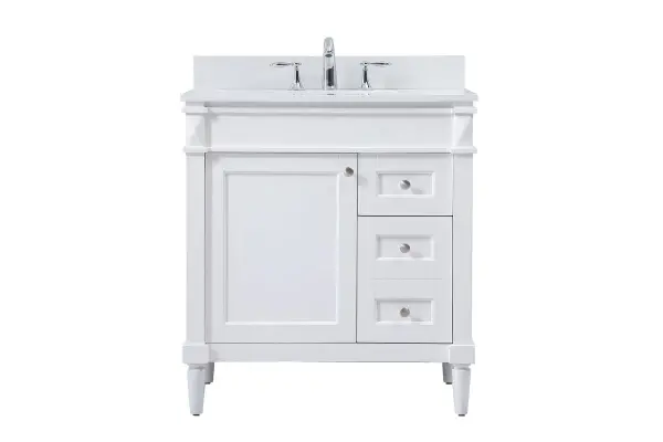 This transitional vanity is a beautiful piece of bathroom furniture will look amazing in your design scheme. The cabinet features a shaker style smooth door panel with simple round knobs and soft close hinges provide ample room for accessories. Packed with multiple side drawers with soft close glides for added comfort and full access to bath supplies. Convenient deep drawer stores all of your tall bath essentials. Constructed of engineered wood and solid wood legs with hand painted finish. The durable engineered marble countertop is a versatile material in an ivory white finish. Minor assembly of the legs needed to get this vanity up and running. Comes with a matching backsplash to complete the look and protects your wall. Collection: Bennett Rooms: bathroom Finish: white Width: 21.00" Height: 35.00" Length: 32.00" Weight: 139.00 lb Material: Solid wood and MDF Country of Origin: Vietnam Manufacturer Warranty: 1 year limited