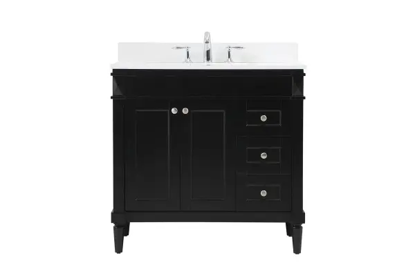 This transitional vanity is a beautiful piece of bathroom furniture will look amazing in your design scheme. The cabinet features a shaker style smooth door panel with simple round knobs and soft close hinges provide ample room for accessories. Packed with multiple side drawers with soft close glides for added comfort and full access to bath supplies. Convenient deep drawer stores all of your tall bath essentials. Constructed of engineered wood and solid wood legs with hand painted finish. The durable engineered marble countertop is a versatile material in an ivory white finish. Minor assembly of the legs needed to get this vanity up and running. Comes with a matching backsplash to complete the look and protects your wall. Collection: Bennett Rooms: bathroom Finish: black Width: 21.00" Height: 35.00" Length: 36.00" Weight: 150.00 lb Material: Solid wood and MDF Country of Origin: Vietnam Manufacturer Warranty: 1 year limited