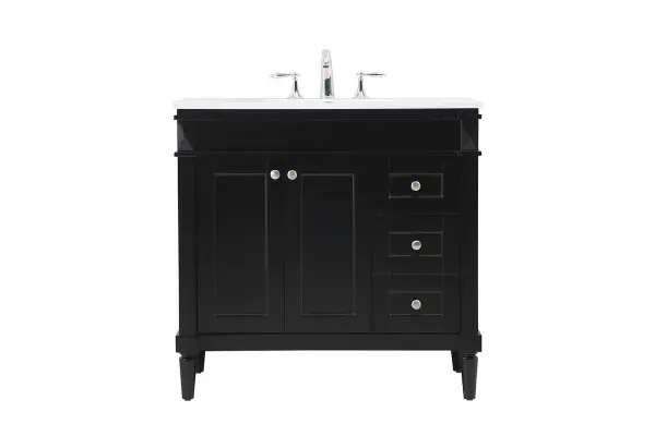 This transitional vanity is a beautiful piece of bathroom furniture will look amazing in your design scheme. The cabinet features a shaker style smooth door panel with simple round knobs and soft close hinges provide ample room for accessories. Packed with multiple side drawers with soft close glides for added comfort and full access to bath supplies. Convenient deep drawer stores all of your tall bath essentials. Constructed of engineered wood and solid wood legs with hand painted finish. The durable engineered marble countertop is a versatile material in an ivory white finish. Minor assembly of the legs needed to get this vanity up and running. Collection: Bennett Rooms: bathroom Finish: black Width: 21.00" Height: 35.00" Length: 36.00" Weight: 140.00 lb Material: Solid wood and MDF Country of Origin: Vietnam Manufacturer Warranty: 1 year limited