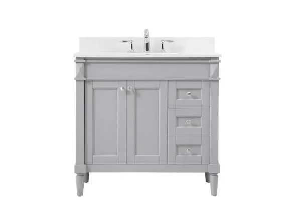 This transitional vanity is a beautiful piece of bathroom furniture will look amazing in your design scheme. The cabinet features a shaker style smooth door panel with simple round knobs and soft close hinges provide ample room for accessories. Packed with multiple side drawers with soft close glides for added comfort and full access to bath supplies. Convenient deep drawer stores all of your tall bath essentials. Constructed of engineered wood and solid wood legs with hand painted finish. The durable engineered marble countertop is a versatile material in an ivory white finish. Minor assembly of the legs needed to get this vanity up and running. Comes with a matching backsplash to complete the look and protects your wall. Collection: Bennett Rooms: bathroom Finish: grey Width: 21.00" Height: 35.00" Length: 36.00" Weight: 150.00 lb Material: Solid wood and MDF Country of Origin: Vietnam Manufacturer Warranty: 1 year limited
