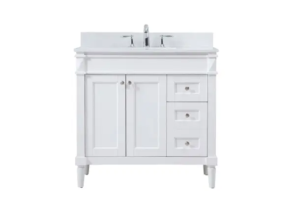This transitional vanity is a beautiful piece of bathroom furniture will look amazing in your design scheme. The cabinet features a shaker style smooth door panel with simple round knobs and soft close hinges provide ample room for accessories. Packed with multiple side drawers with soft close glides for added comfort and full access to bath supplies. Convenient deep drawer stores all of your tall bath essentials. Constructed of engineered wood and solid wood legs with hand painted finish. The durable engineered marble countertop is a versatile material in an ivory white finish. Minor assembly of the legs needed to get this vanity up and running. Comes with a matching backsplash to complete the look and protects your wall. Collection: Bennett Rooms: bathroom Finish: white Width: 21.00" Height: 35.00" Length: 36.00" Weight: 150.00 lb Material: Solid wood and MDF Country of Origin: Vietnam Manufacturer Warranty: 1 year limited