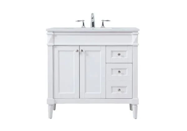 The Bennett vanity combines timeless transitional design with practical functionality. Its shaker-style doors, soft-close hardware, and engineered marble top deliver quality at an accessible price point for bathroom renovations.
