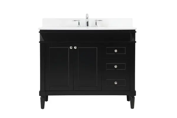This transitional vanity is a beautiful piece of bathroom furniture will look amazing in your design scheme. The cabinet features a shaker style smooth door panel with simple round knobs and soft close hinges provide ample room for accessories. Packed with multiple side drawers with soft close glides for added comfort and full access to bath supplies. Convenient deep drawer stores all of your tall bath essentials. Constructed of engineered wood and solid wood legs with hand painted finish. The durable engineered marble countertop is a versatile material in an ivory white finish. Minor assembly of the legs needed to get this vanity up and running. Comes with a matching backsplash to complete the look and protects your wall. Collection: Bennett Rooms: bathroom Finish: black Width: 21.00" Height: 35.00" Length: 42.00" Weight: 170.00 lb Material: Solid wood and MDF Country of Origin: Vietnam Manufacturer Warranty: 1 year limited