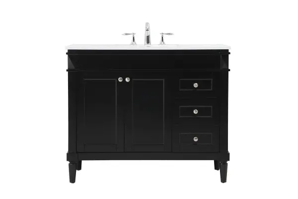 This transitional vanity is a beautiful piece of bathroom furniture will look amazing in your design scheme. The cabinet features a shaker style smooth door panel with simple round knobs and soft close hinges provide ample room for accessories. Packed with multiple side drawers with soft close glides for added comfort and full access to bath supplies. Convenient deep drawer stores all of your tall bath essentials. Constructed of engineered wood and solid wood legs with hand painted finish. The durable engineered marble countertop is a versatile material in an ivory white finish. Minor assembly of the legs needed to get this vanity up and running. Collection: Bennett Rooms: bathroom Finish: black Width: 21.00" Height: 35.00" Length: 42.00" Weight: 158.00 lb Material: Solid wood and MDF Country of Origin: Vietnam Manufacturer Warranty: 1 year limited