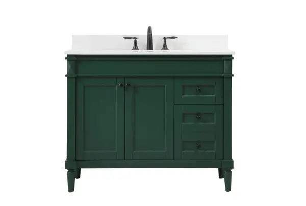 This transitional vanity is a beautiful piece of bathroom furniture will look amazing in your design scheme. The cabinet features a shaker style smooth door panel with simple round knobs and soft close hinges provide ample room for accessories. Packed with multiple side drawers with soft close glides for added comfort and full access to bath supplies. Convenient deep drawer stores all of your tall bath essentials. Constructed of engineered wood and solid wood legs with hand painted finish. The durable engineered marble countertop is a versatile material in an ivory white finish. Minor assembly of the legs needed to get this vanity up and running. Comes with a matching backsplash to complete the look and protects your wall. Collection: Bennett Rooms: bathroom Finish: Green Width: 21.00" Height: 35.00" Length: 42.00" Weight: 170.00 lb Material: Solid wood and MDF Country of Origin: Vietnam Manufacturer Warranty: 1 year limited