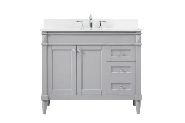 This transitional vanity is a beautiful piece of bathroom furniture will look amazing in your design scheme. The cabinet features a shaker style smooth door panel with simple round knobs and soft close hinges provide ample room for accessories. Packed with multiple side drawers with soft close glides for added comfort and full access to bath supplies. Convenient deep drawer stores all of your tall bath essentials. Constructed of engineered wood and solid wood legs with hand painted finish. The durable engineered marble countertop is a versatile material in an ivory white finish. Minor assembly of the legs needed to get this vanity up and running. Comes with a matching backsplash to complete the look and protects your wall. Collection: Bennett Rooms: bathroom Finish: grey Width: 21.00" Height: 35.00" Length: 42.00" Weight: 170.00 lb Material: Solid wood and MDF Country of Origin: Vietnam Manufacturer Warranty: 1 year limited