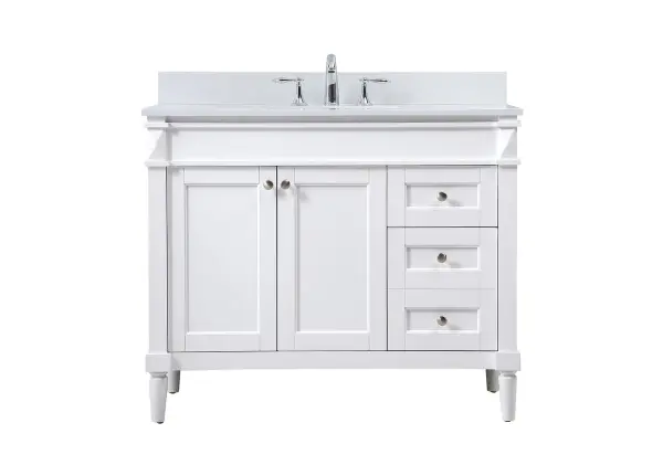 This transitional vanity is a beautiful piece of bathroom furniture will look amazing in your design scheme. The cabinet features a shaker style smooth door panel with simple round knobs and soft close hinges provide ample room for accessories. Packed with multiple side drawers with soft close glides for added comfort and full access to bath supplies. Convenient deep drawer stores all of your tall bath essentials. Constructed of engineered wood and solid wood legs with hand painted finish. The durable engineered marble countertop is a versatile material in an ivory white finish. Minor assembly of the legs needed to get this vanity up and running. Comes with a matching backsplash to complete the look and protects your wall. Collection: Bennett Rooms: bathroom Finish: white Width: 21.00" Height: 35.00" Length: 42.00" Weight: 170.00 lb Material: Solid wood and MDF Country of Origin: Vietnam Manufacturer Warranty: 1 year limited