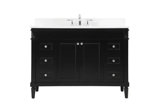 This transitional vanity is a beautiful piece of bathroom furniture will look amazing in your design scheme. The cabinet features a shaker style smooth door panel with simple round knobs and soft close hinges provide ample room for accessories. Packed with multiple side drawers with soft close glides for added comfort and full access to bath supplies. Convenient deep drawer stores all of your tall bath essentials. Constructed of engineered wood and solid wood legs with hand painted finish. The durable engineered marble countertop is a versatile material in an ivory white finish. Minor assembly of the legs needed to get this vanity up and running. Comes with a matching backsplash to complete the look and protects your wall. Collection: Bennett Rooms: bathroom Finish: black Width: 21.00" Height: 35.00" Length: 48.00" Weight: 208.00 lb Material: Solid wood and MDF Country of Origin: Vietnam Manufacturer Warranty: 1 year limited