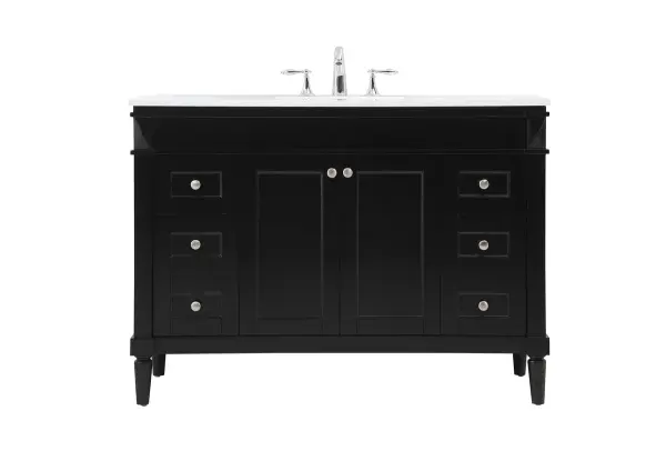 This transitional vanity is a beautiful piece of bathroom furniture will look amazing in your design scheme. The cabinet features a shaker style smooth door panel with simple round knobs and soft close hinges provide ample room for accessories. Packed with multiple side drawers with soft close glides for added comfort and full access to bath supplies. Convenient deep drawer stores all of your tall bath essentials. Constructed of engineered wood and solid wood legs with hand painted finish. The durable engineered marble countertop is a versatile material in an ivory white finish. Minor assembly of the legs needed to get this vanity up and running. Collection: Bennett Rooms: bathroom Finish: black Width: 21.00" Height: 35.00" Length: 48.00" Weight: 194.00 lb Material: Solid wood and MDF Country of Origin: Vietnam Manufacturer Warranty: 1 year limited