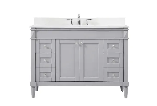 This transitional vanity is a beautiful piece of bathroom furniture will look amazing in your design scheme. The cabinet features a shaker style smooth door panel with simple round knobs and soft close hinges provide ample room for accessories. Packed with multiple side drawers with soft close glides for added comfort and full access to bath supplies. Convenient deep drawer stores all of your tall bath essentials. Constructed of engineered wood and solid wood legs with hand painted finish. The durable engineered marble countertop is a versatile material in an ivory white finish. Minor assembly of the legs needed to get this vanity up and running. Comes with a matching backsplash to complete the look and protects your wall. Collection: Bennett Rooms: bathroom Finish: grey Width: 21.00" Height: 35.00" Length: 48.00" Weight: 208.00 lb Material: Solid wood and MDF Country of Origin: Vietnam Manufacturer Warranty: 1 year limited