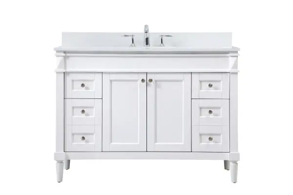This transitional vanity is a beautiful piece of bathroom furniture will look amazing in your design scheme. The cabinet features a shaker style smooth door panel with simple round knobs and soft close hinges provide ample room for accessories. Packed with multiple side drawers with soft close glides for added comfort and full access to bath supplies. Convenient deep drawer stores all of your tall bath essentials. Constructed of engineered wood and solid wood legs with hand painted finish. The durable engineered marble countertop is a versatile material in an ivory white finish. Minor assembly of the legs needed to get this vanity up and running. Comes with a matching backsplash to complete the look and protects your wall. Collection: Bennett Rooms: bathroom Finish: white Width: 21.00" Height: 35.00" Length: 48.00" Weight: 208.00 lb Material: Solid wood and MDF Country of Origin: Vietnam Manufacturer Warranty: 1 year limited