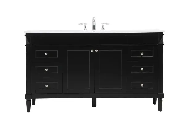 This transitional vanity is a beautiful piece of bathroom furniture will look amazing in your design scheme. The cabinet features a shaker style smooth door panel with simple round knobs and soft close hinges provide ample room for accessories. Packed with multiple side drawers with soft close glides for added comfort and full access to bath supplies. Convenient deep drawer stores all of your tall bath essentials. Constructed of engineered wood and solid wood legs with hand painted finish. The durable engineered marble countertop is a versatile material in an ivory white finish. Minor assembly of the legs needed to get this vanity up and running. Collection: Bennett Rooms: bathroom Finish: black Width: 21.00" Height: 35.00" Length: 60.00" Weight: 240.00 lb Material: Solid wood and MDF Country of Origin: Vietnam Manufacturer Warranty: 1 year limited