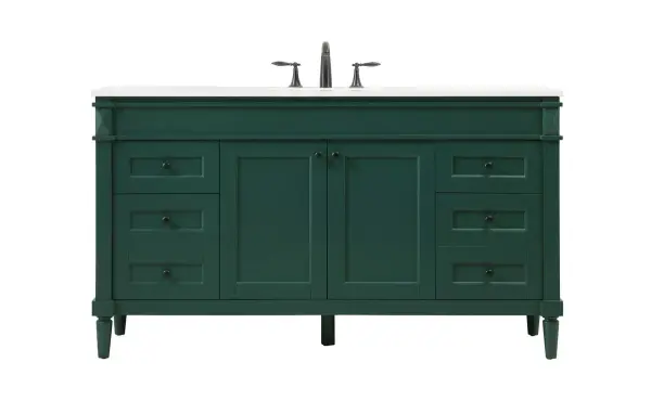This transitional vanity is a beautiful piece of bathroom furniture will look amazing in your design scheme. The cabinet features a shaker style smooth door panel with simple round knobs and soft close hinges provide ample room for accessories. Packed with multiple side drawers with soft close glides for added comfort and full access to bath supplies. Convenient deep drawer stores all of your tall bath essentials. Constructed of engineered wood and solid wood legs with hand painted finish. The durable engineered marble countertop is a versatile material in an ivory white finish. Minor assembly of the legs needed to get this vanity up and running. Collection: Bennett Rooms: bathroom Finish: Green Width: 21.00" Height: 35.00" Length: 60.00" Weight: 215.00 lb Material: Solid wood and MDF Country of Origin: Vietnam Manufacturer Warranty: 1 year limited