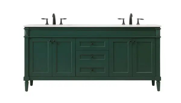 The Bennett 72" vanity combines classic shaker styling with modern functionality. Hand-painted green finish and engineered marble top create a sophisticated look, while soft-close drawers and doors provide practical storage.