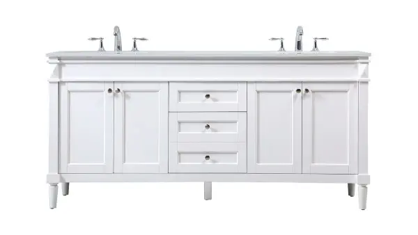 The Bennett 72-inch vanity combines transitional elegance with practical functionality. Shaker-style doors, soft-close hardware, and multiple drawers provide organized storage, while the engineered marble top offers durability.