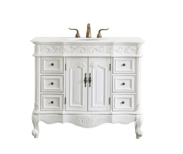 Dimensions
Length: 42"
Width: 22"
Height: 36"
Counter Top Length: 42"
Counter Top Width: 22"
Counter Top Height: 0.75"
Sink Width: 15.5"
Sink Depth: 12.25"
Sink Height: 7"
Sink Drain Hole Size: 1.75"
Faucet Hole Spacing: 8"3 Holes"
Specifications
Assembly Required: no
Base Material: Solid wood and MDF
Counter Top Edge Style: Ogee
Counter Top Finish: Ivory white
Distressed Finish: Yes
Finish (Color): Antique White
Fixture Material: Solid Wood and MDF
Hardware Finish: Antique bronze
Harware Material: Aluminum alloy
Number of Faucet Holes: 3
Number of Sinks: 1
Product Shape: Rectangle
Product Type: Bathroom Vanities
Product Warranty: 1 year limited
Sink Mounting Type: Undermount
Vanity Backsplash: NO
Vanity Mounting Type: Free-Standing
Weight: 184
Wire Included: No
Wood Type: birch
Shipment type: LTL
US Shipping Cost: $189.00
Drawers
Drawers Included: yes
Number of Drawers: 6
Drawer Width: 8.25
Drawer Depth: 16
Drawer Height: 6.25
Drawer Handle Designs: knobs
Shelves
Number of Shelves: 1
Shelf Width: 16.5
Cabinets
Number of Cabinets: 1
Cabinet Interior Width: 16.5
Cabinet Interior Depth: 15.75
Cabinet Interior Height: 20.75