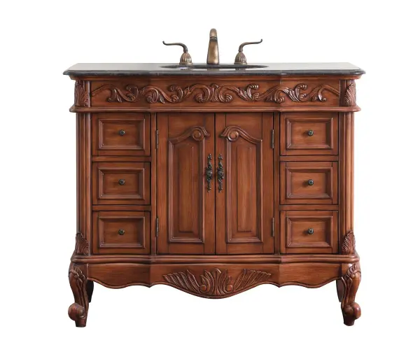 This superb balance of timeless tradition and opulent beauty in a granite-topped vanity will certainly enhance the aesthetics of any home or office bathroom! Featuring an exotic English cream granite countertop, complimenting the hand painted teak cabinet. With 2 doors and 6 drawers, as well as antique bronze finish door knobs, this superbly carved floral design, stands on stylishly carved solid wood French scroll feet made this a truly rich statement of luxury! Measurements: W42" x D22" x H35", fully assembled. Collection: Oakland Rooms: bathroom Finish: teak Width: 22.00" Height: 36.00" Length: 42.00" Weight: 185.00 lb Country of Origin: Vietnam Manufacturer Warranty: 1 year limited Spec Sheet