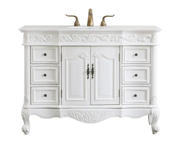 Dimensions
Length: 48"
Width: 22"
Height: 36"
Counter Top Length: 48"
Counter Top Width: 22"
Counter Top Height: 0.75"
Sink Width: 15.5"
Sink Depth: 12.25"
Sink Height: 7"
Sink Drain Hole Size: 1.75"
Faucet Hole Spacing: 8"3 Holes"
Specifications
Assembly Required: no
Base Material: Solid wood and MDF
Counter Top Edge Style: Ogee
Counter Top Finish: Ivory white
Distressed Finish: Yes
Finish (Color): Antique White
Fixture Material: Solid Wood and MDF
Hardware Finish: Antique bronze
Harware Material: Aluminum alloy
Number of Faucet Holes: 3
Number of Sinks: 1
Product Shape: Rectangle
Product Type: Bathroom Vanities
Product Warranty: 1 year limited
Sink Mounting Type: Undermount
Vanity Backsplash: NO
Vanity Mounting Type: Free-Standing
Weight: 198
Wire Included: No
Wood Type: birch
Shipment type: LTL
US Shipping Cost: $214.00
Drawers
Drawers Included: yes
Number of Drawers: 6
Drawer Width: 9.75
Drawer Depth: 16
Drawer Height: 6.25
Drawer Handle Designs: knobs
Shelves
Number of Shelves: 1
Shelf Width: 19.5
Cabinets
Number of Cabinets: 1
Cabinet Interior Width: 19.5
Cabinet Interior Depth: 15.75
Cabinet Interior Height: 20.75