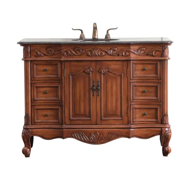This superb balance of timeless tradition and opulent beauty in a granite-topped vanity will certainly enhance the aesthetics of any home or office bathroom! Featuring an exotic English cream granite countertop, complimenting the hand painted teak cabinet. With 2 doors and 6 drawers, as well as antique bronze finish door knobs, this superbly carved floral design, stands on stylishly carved solid wood French scroll feet made this a truly rich statement of luxury! Measurements: W48" x D22" x H35", fully assembled. Collection: Oakland Rooms: bathroom Finish: teak Width: 22.00" Height: 36.00" Length: 48.00" Weight: 195.00 lb Country of Origin: Vietnam Manufacturer Warranty: 1 year limited Spec Sheet