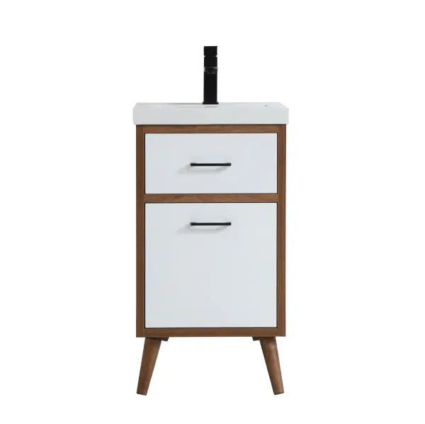 Delve into a world of minimalistic fashion and contemporary styling with this midcentury modern 18" vanity. The clean lines anchors the design, while the oblique tapered cylinder legs add subtle interest. A black handle adorns the top fake drawer hiding the base of the porcelain sink while another one allows you to pull the bottom drawer out, letting you store your bathroom necessities and toiletries. The compact size makes it the perfect vanity for any bathroom or powder room, regardless of size. Collection: Boise Rooms: bathroom Finish: Matte White Width: 15.16" Height: 33.46" Length: 18.00" Weight: 55.00 lb Material: MDF Country of Origin: Vietnam Manufacturer Warranty: 1 year limited Spec Sheet