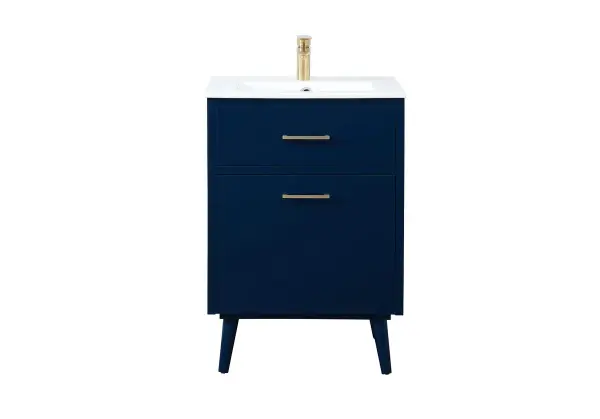 Delve into a world of minimalistic fashion and contemporary styling with this midcentury modern 18" vanity. The clean lines anchors the design, while the oblique tapered cylinder legs add subtle interest. A black handle adorns the top fake drawer hiding the base of the porcelain sink while another one allows you to pull the bottom drawer out, letting you store your bathroom necessities and toiletries. The compact size makes it the perfect vanity for any bathroom or powder room, regardless of size. Collection: Boise Rooms: bathroom Finish: Blue Width: 18.00" Height: 33.50" Length: 24.00" Weight: 70.00 lb Material: Solid wood and MDF Country of Origin: Vietnam Manufacturer Warranty: 1 year limited Spec Sheet