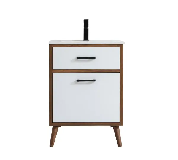 Delve into a world of minimalistic fashion and contemporary styling with this midcentury modern 24" vanity. The clean lines anchors the design, while the oblique tapered cylinder legs add subtle interest. A black handle adorns the top fake drawer hiding the base of the porcelain sink while another one allows you to pull the bottom drawer out, letting you store your bathroom necessities and toiletries. The compact size makes it the perfect vanity for any bathroom or powder room, regardless of size. Collection: Boise Rooms: bathroom Finish: Matte White Width: 18.11" Height: 33.46" Length: 24.00" Weight: 73.00 lb Material: MDF Country of Origin: Vietnam Manufacturer Warranty: 1 year limited Spec Sheet