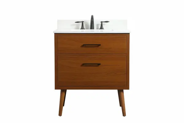 The Boise vanity brings authentic midcentury modern design to your bathroom with clean lines, tapered cylinder legs, and functional two-drawer storage. The teak finish and undermount porcelain sink create a sophisticated look.