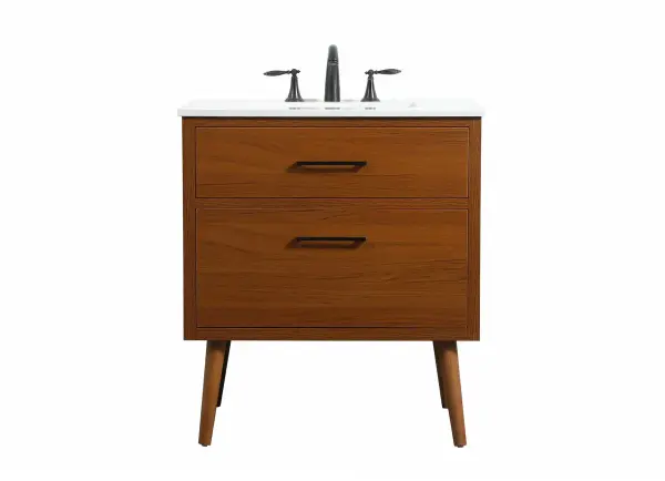 This bathroom vanity is a perfect way to outfit your home in authetic midcentury modern style. The clean lines anchors the design, while the oblique tapered cylinder legs add subtle interest. A black handle adorns the top drawer hiding the base of the undermount porcelain sink while another one allows you to pull the bottom drawer out, letting you store your bathroom necessities and toiletries. The storage drawers provide much needed function and can be used for stowing items like extra toothbrushes, hairbrushes, and other bathroom essentials to help you get ready to face the day. This vanity is a quick update for your bathroom with trendy style. Collection: Boise Rooms: bathroom Finish: Teak Width: 22.00" Height: 33.50" Length: 30.00" Weight: 100.00 lb Material: Solid wood and MDF Country of Origin: Vietnam Manufacturer Warranty: 1 year limited