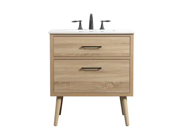 This bathroom vanity is a perfect way to outfit your home in authetic midcentury modern style. The clean lines anchors the design, while the oblique tapered cylinder legs add subtle interest. A black handle adorns the top drawer hiding the base of the undermount porcelain sink while another one allows you to pull the bottom drawer out, letting you store your bathroom necessities and toiletries. The storage drawers provide much needed function and can be used for stowing items like extra toothbrushes, hairbrushes, and other bathroom essentials to help you get ready to face the day. This vanity is a quick update for your bathroom with trendy style. Collection: Boise Rooms: bathroom Finish: mango wood Width: 22.00" Height: 33.50" Length: 30.00" Weight: 100.00 lb Material: Solid wood and MDF Country of Origin: Vietnam Manufacturer Warranty: 1 year limited