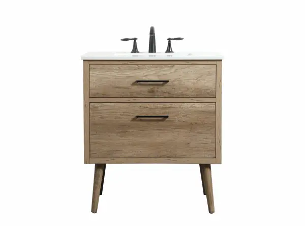 This bathroom vanity is a perfect way to outfit your home in authetic midcentury modern style. The clean lines anchors the design, while the oblique tapered cylinder legs add subtle interest. A black handle adorns the top drawer hiding the base of the undermount porcelain sink while another one allows you to pull the bottom drawer out, letting you store your bathroom necessities and toiletries. The storage drawers provide much needed function and can be used for stowing items like extra toothbrushes, hairbrushes, and other bathroom essentials to help you get ready to face the day. This vanity is a quick update for your bathroom with trendy style. Collection: Boise Rooms: bathroom Finish: Natural Oak Width: 22.00" Height: 33.50" Length: 30.00" Weight: 100.00 lb Material: Solid wood and MDF Country of Origin: Vietnam Manufacturer Warranty: 1 year limited