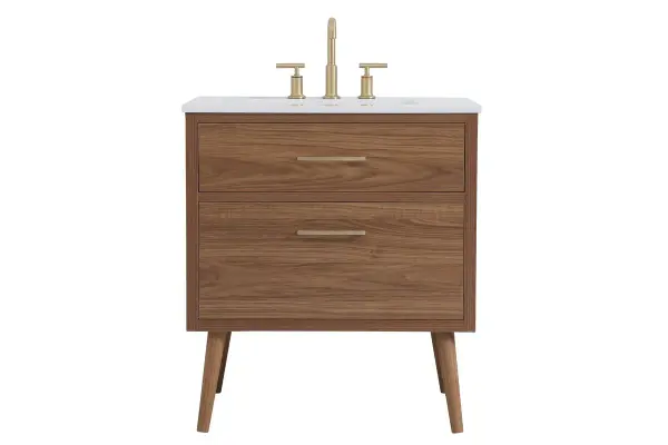 Delve into a world of minimalistic fashion and contemporary styling with this midcentury modern 30" vanity. The clean lines anchors the design, while the oblique tapered cylinder legs add subtle interest. However, the artful juxtaposition creates a blend of bright modernity and classical traditions. A gold handle adorns the top fake drawer hiding the base of the undermount porcelain sink while another one allows you to pull the bottom drawer out, letting you store your bathroom necessities and toiletries. The compact size makes it the perfect vanity for any bathroom or powder room, regardless of size. Collection: Boise Rooms: bathroom Finish: Walnut Brown Width: 22.00" Height: 33.50" Length: 30.00" Weight: 100.00 lb Material: Engineered stone and Porcelain and steel Country of Origin: Vietnam Manufacturer Warranty: 1 year limited Spec Sheet