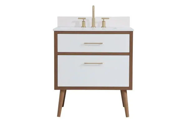 Delve into a world of minimalistic fashion and contemporary styling with this midcentury modern 30" vanity. The clean lines anchors the design, while the oblique tapered cylinder legs add subtle interest. However, the artful juxtaposition between the walnut brown and matte white creates a blend of bright modernity and classical traditions. A gold handle adorns the top fake drawer hiding the base of the undermount porcelain sink while another one allows you to pull the bottom drawer out, letting you store your bathroom necessities and toiletries. The compact size makes it the perfect vanity for any bathroom or powder room, regardless of size. Comes with a matching backsplash to complete the look and protects your wall. Collection: Boise Rooms: Bathroom Finish: White Width: 22.00" Height: 33.50" Length: 30.00" Weight: 100.00 lb Material: MDF Country of Origin: Vietnam Manufacturer Warranty: 1 year limited Spec Sheet