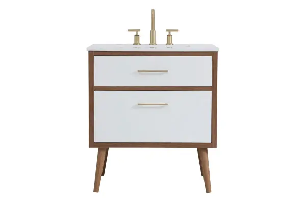 Delve into a world of minimalistic fashion and contemporary styling with this midcentury modern 30" vanity. The clean lines anchors the design, while the oblique tapered cylinder legs add subtle interest. However, the artful juxtaposition between the walnut brown and matte white creates a blend of bright modernity and classical traditions. A gold handle adorns the top fake drawer hiding the base of the undermount porcelain sink while another one allows you to pull the bottom drawer out, letting you store your bathroom necessities and toiletries. The compact size makes it the perfect vanity for any bathroom or powder room, regardless of size. Collection: Boise Rooms: bathroom Finish: White Width: 22.00" Height: 33.50" Length: 30.00" Weight: 100.00 lb Material: Engineered stone and Porcelain and steel Country of Origin: Vietnam Manufacturer Warranty: 1 year limited Spec Sheet