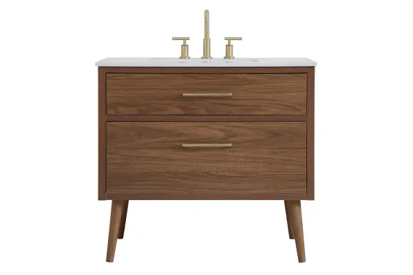 Delve into a world of minimalistic fashion and contemporary styling with this midcentury modern 36" vanity. The clean lines anchors the design, while the oblique tapered cylinder legs add subtle interest. However, the artful juxtaposition creates a blend of bright modernity and classical traditions. A gold handle adorns the top fake drawer hiding the base of the undermount porcelain sink while another one allows you to pull the bottom drawer out, letting you store your bathroom necessities and toiletries. The compact size makes it the perfect vanity for any bathroom or powder room, regardless of size. Collection: Boise Rooms: bathroom Finish: Walnut Brown Width: 22.00" Height: 33.50" Length: 36.00" Weight: 115.00 lb Material: Engineered stone and Porcelain and steel Country of Origin: Vietnam Manufacturer Warranty: 1 year limited Spec Sheet