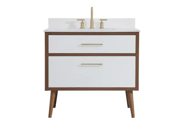 Delve into a world of minimalistic fashion and contemporary styling with this midcentury modern 36" vanity. The clean lines anchors the design, while the oblique tapered cylinder legs add subtle interest. However, the artful juxtaposition between the walnut brown and matte white creates a blend of bright modernity and classical traditions. A gold handle adorns the top fake drawer hiding the base of the undermount porcelain sink while another one allows you to pull the bottom drawer out, letting you store your bathroom necessities and toiletries. The compact size makes it the perfect vanity for any bathroom or powder room, regardless of size. Comes with a matching backsplash to complete the look and protects your wall. Collection: Boise Rooms: Bathroom Finish: White Width: 22.00" Height: 33.50" Length: 36.00" Weight: 115.00 lb Material: MDF Country of Origin: Vietnam Manufacturer Warranty: 1 year limited Spec Sheet